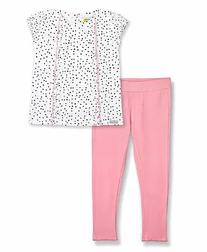 Cherry Crumble By Nitt Hyman Short Sleeves Polka Dot Printed Top & Leggings Set - White & Pink