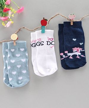 Cute Walk by Babyhug Anti Bacterial Ankle Length Socks Heart & Dog Design Pack of f3 - White Blue