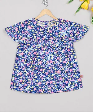 Budding Bees Short Sleeves Floral Print Top - Blue