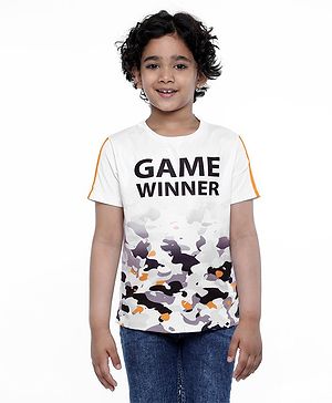 Pine Kids Half Sleeves Athleisure Dri-Fit T-Shirt Game Winner Print - White
