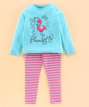 Pine Kids Full Sleeves Biowashed Night Suit Flamingo Print Striped - Tanager Turquoise