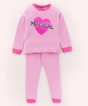 Pine Kids Full Sleeves Biowashed Night Suit Magical Print Striped - Pink