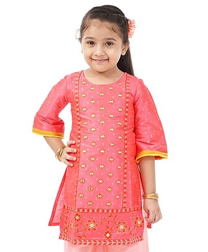 Babyhug Full Sleeve Kurti Embroidered - Coral - 12-18M Peach