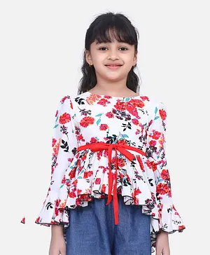 Cutiekins Full Sleeves High Low Floral Print Top - Red & White