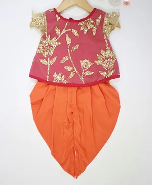 Many frocks & Cap Sleeves Flower Glitter Detailing Kurta & Dhoti Set - Pink & Orange