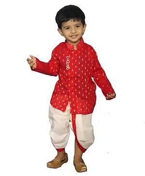 Mittenbooty Full Sleeves Dots Design Kurta & Dhoti Set  - Red & Cream
