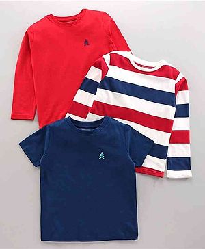 Pine Kids Full & Half Sleeves Solid & Striped Tee Pack of 3 - Red Navy Blue