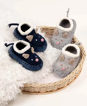 Kicks and Crawl Anti Skid Booties with 3D Ears Pack of 2 - Navy Blue Grey