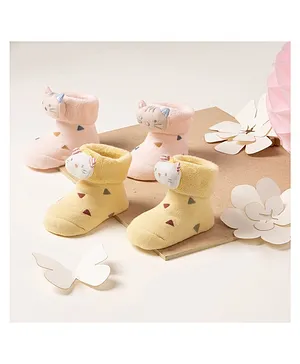 Kicks & Crawl 3D Sock Shoes Kitty Design 2 Pairs - Yellow Pink