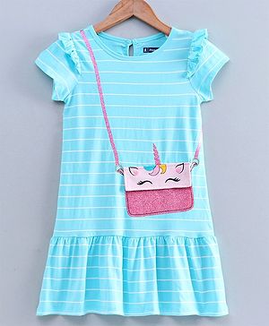 Pine Kids Half Sleeves Knee Length Biowashed Frock Sling Bag Print - Blue