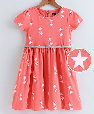 Pine Kids Half Sleeves Knee Length Biowash Frock With Glitter Belt Star Print - Orange
