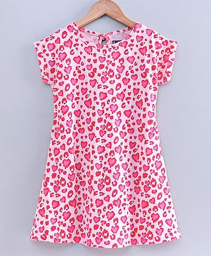 Pine Kids Short Sleeves Knee Length Biowashed Frock Heart Print - Pink