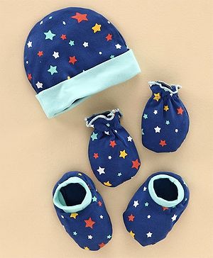 Babyhug 100% Cotton Cap Mitten and Booties Set Blue - Diameter 11 cm