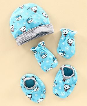 Babyhug 100% Cotton Cap Mitten & Bootie Set Teddt Print Blue - Diameter 10 cm