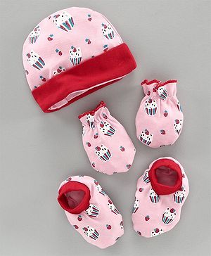 Babyhug 100% Cotton Cap Mitten and Booties Set Pink - Diameter 10 cm