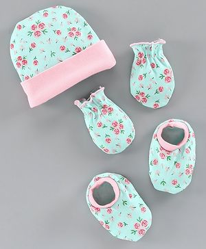 Babyhug 100% Cotton Cap Mitten and Booties Set Blue - Diameter 10 cm