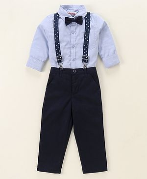 Babyhug Full Sleeves Shirt & Trouser With Suspenders & Bow - Blue