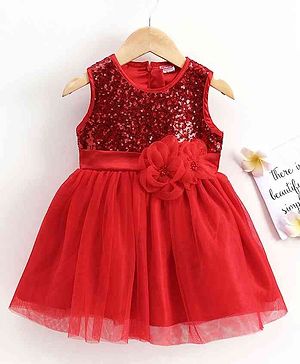 Babyhug Sleeveless Party Wear Frock with Reversible Sequins - Red