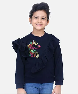 Lilpicks Couture Full Sleeves Unicorn Embroidery Ruffled Sweatshirt - Navy Blue