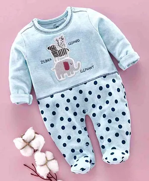 Baby Go Full Sleeves Polka Dot Sleepsuit Animal Patch -  Sky Blue