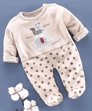 Baby Go Full Sleeves Sleepsuit Animal Patch -  Beige