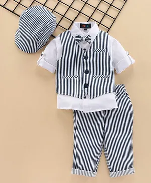 Robo Fry Full Sleeves 3 Piece Striped Party Suit with Cap - White Blue