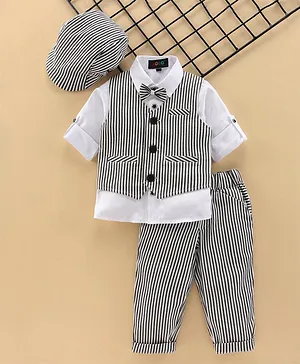 Robo Fry Full Sleeves 3 Piece Striped Party Suit with Cap - White Black