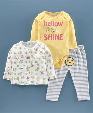 Mom's Love Full Sleeves Onsie with Legging and Top Sun Print - Yellow Grey White