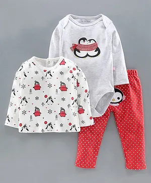 Mom's Love Full Sleeves 3 Piece Clothing Set Penguin Print  - White Red
