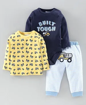 Mom's Love Full Sleeves 3 Piece Clothing Set Truck Print - Yellow Blue