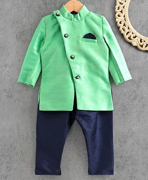 Ethnik's Neu Ron Full Sleeves Sherwani & Pyjama - Green Navy Blue