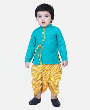 BownBee Full Sleeves Solid Color Kurta With Leheriya Dhoti - Green