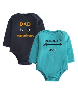 Kadam Baby Set Of 2 Full Sleeves Mama's Boy & Dad Is My Superhero Printed Onesie - Black & Sea Green