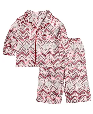 Kadam Baby Full Sleeves Chevron Print Night Suit - Red & White