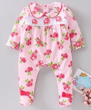 Babyoye Biowash Full Sleeves Footed Sleepsuit Floral Print - Pink