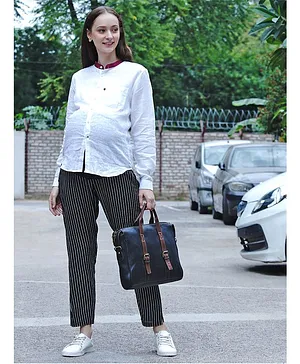 Mine4Nine Striped Full Length Over The Belly Trouser - Black