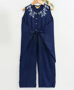 Global Desi Girl Sleeveless Leaves Embroidered Front Buttoned Jumpsuit - Navy Blue
