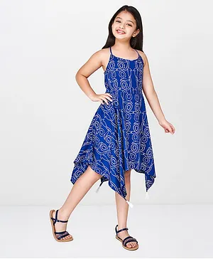 Global Desi Girl Sleeveless Asymmetrical Hem Abstract Print Dress - Blue
