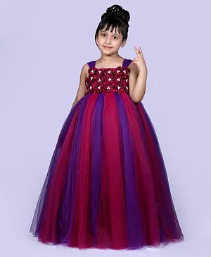Indian Tutu Sleeveless Floral Work Tulle Flared Gown - Burgundy