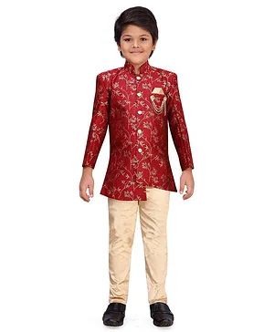 Aj Dezines Leaves Printed Indo Western Full Sleeves Sherwani With Pyjama Set - Red