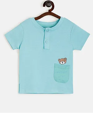 Aomi Pocket Half Sleeves Bear Print T-Shirt - Blue