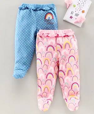 Babyhug Bootie Leggings Dots & Rainbow Print Pack Of 2 - Blue Pink
