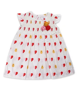 Young Birds Cap Sleeves Smocked Heart Print Dress - Cream