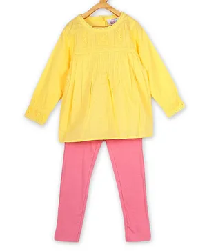 Young Birds Long Sleeves Embroidery Top With Leggings - Yellow & Pink