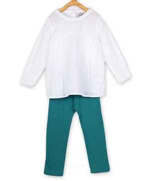 Young Birds Long Sleeves Embroidery Top With Leggins - White & Green