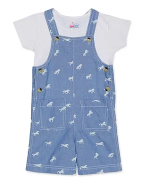 Young Birds Short Sleeves Tee With Horse Print Dungaree - White & Blue