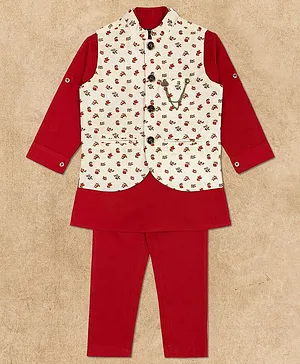 Charchit Full Sleeves Kurta With Floral Print Jacket & Pajama Set - Red