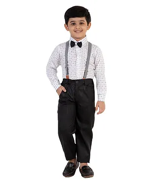 Fourfolds Full Sleeves Printed Shirt With Trouser Bow Tie & Suspender Set  - Light Grey & Black