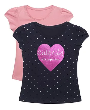Plum Tree Short Sleeves Cute Girl Print Pack Of 2 Tee - Navy & Rose Pink