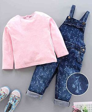 Babyhug Dungaree with Full Sleeves Inner Tee Leaf Print - Blue Pink
